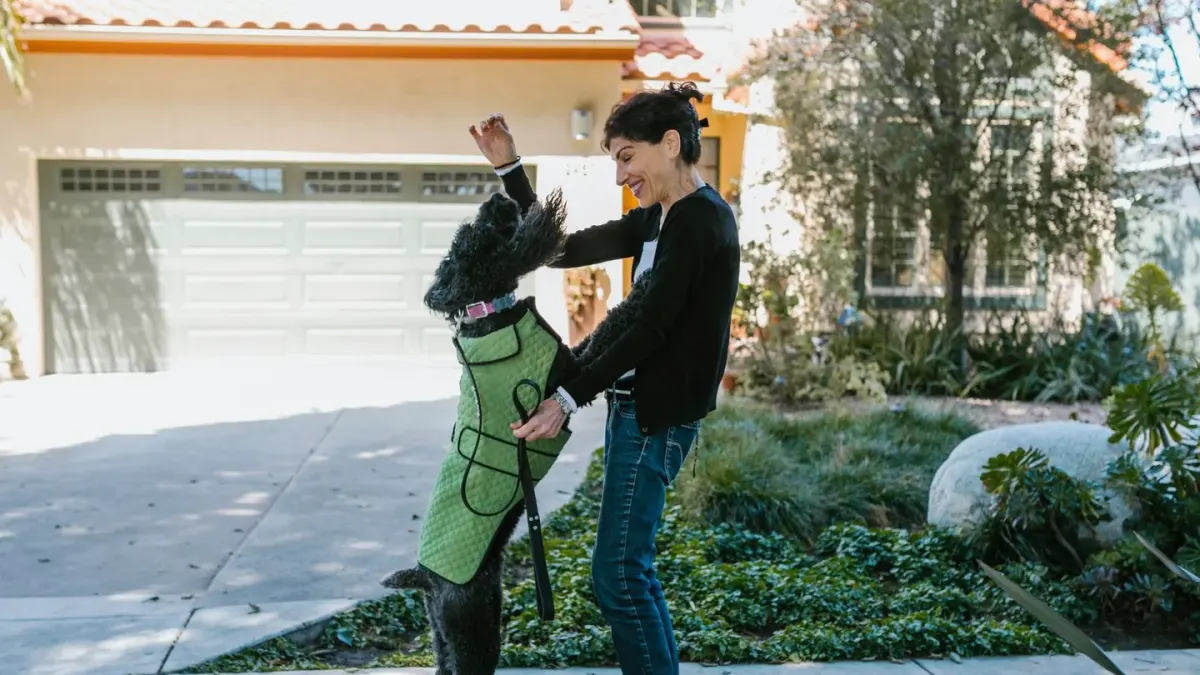 A dog greeting a pet sitter at the front door while a suitcase sits nearby