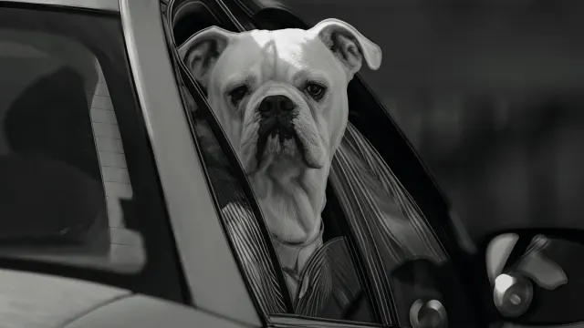 A dog leaning against the car window with visible drool on its chin