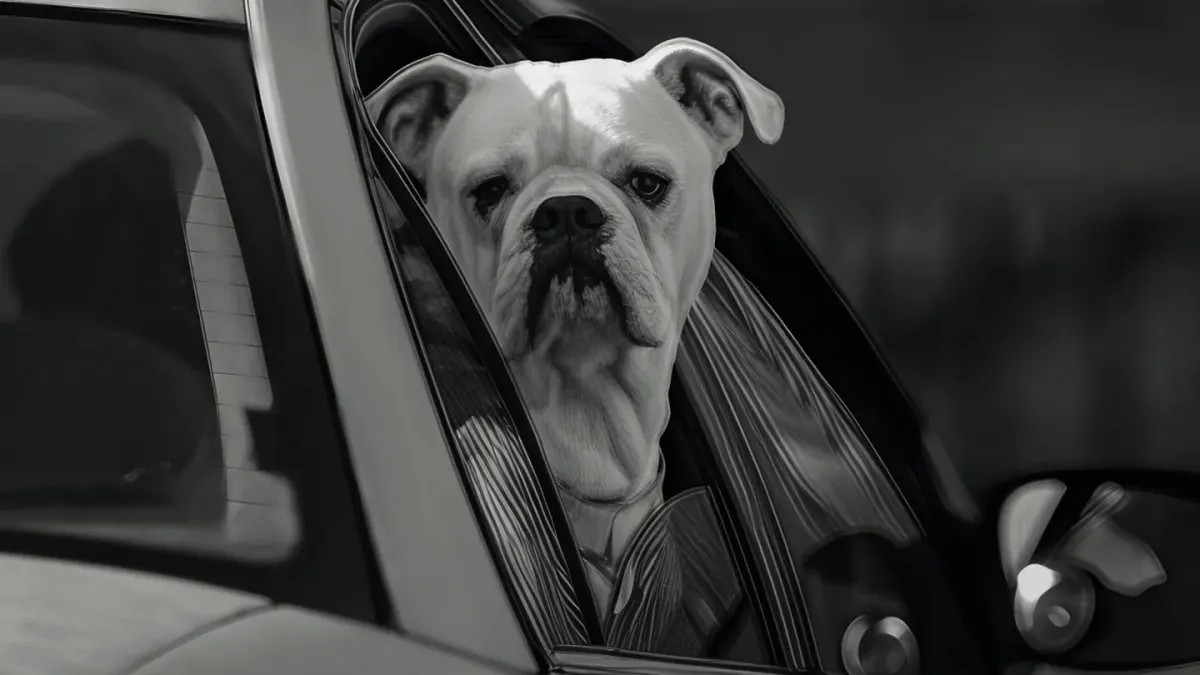 A dog leaning against the car window with visible drool on its chin