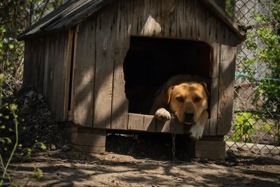 A dog lying calmly in a clean, well-lit boarding kennel run