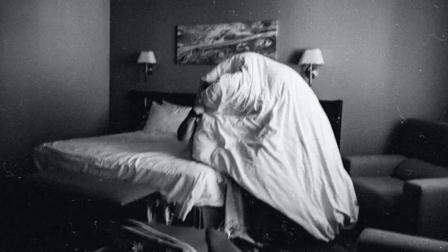 A dog lying calmly on a folded blanket beside an open suitcase in a hotel room