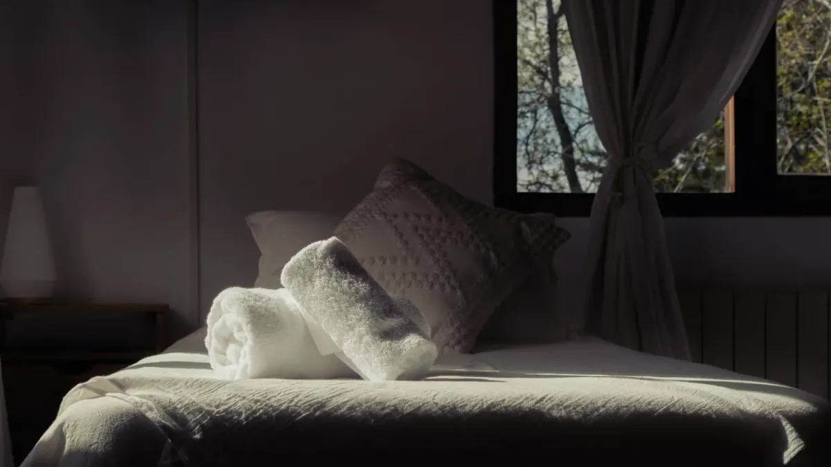 A dog lying calmly on a hotel room bed near a suitcase