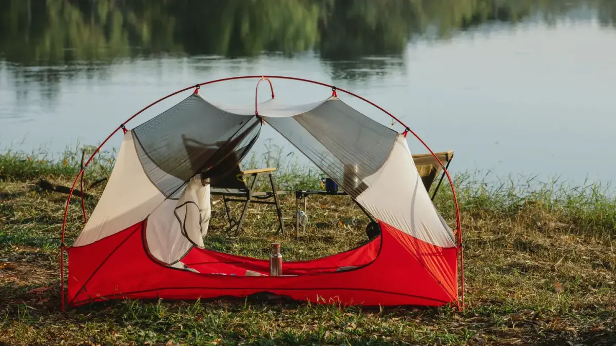 A dog resting on a sleeping pad just outside an open tent at a forest campsite