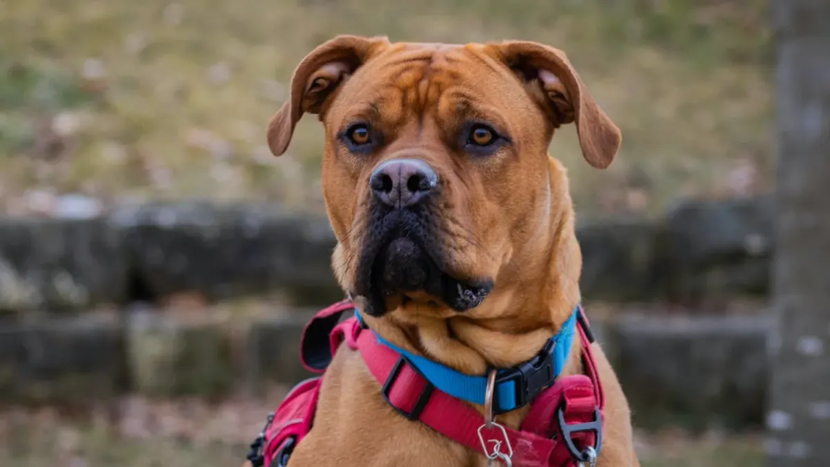 A dog wearing a collar with metal ID tags standing on a trail