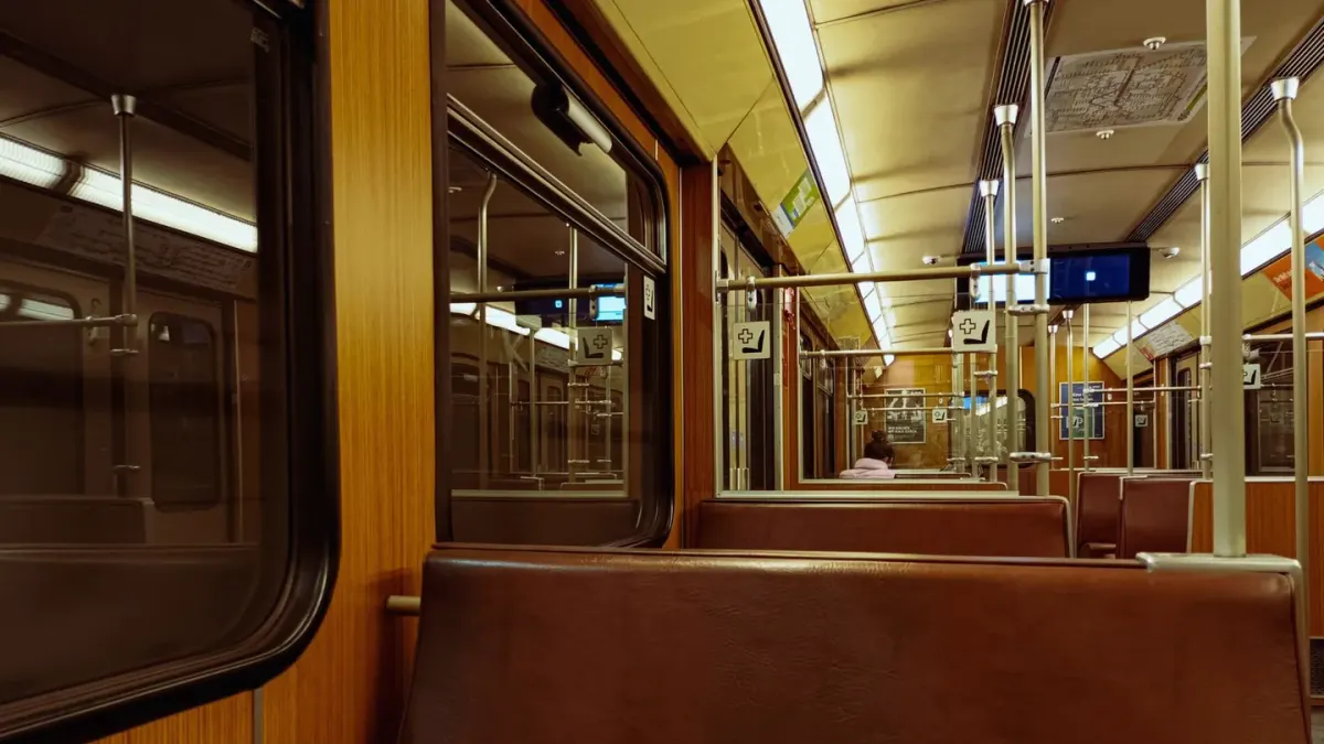 A small dog resting inside an open-top soft carrier on a train seat