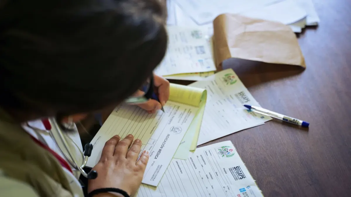 A veterinarian checking a dog on an exam table with travel paperwork nearby