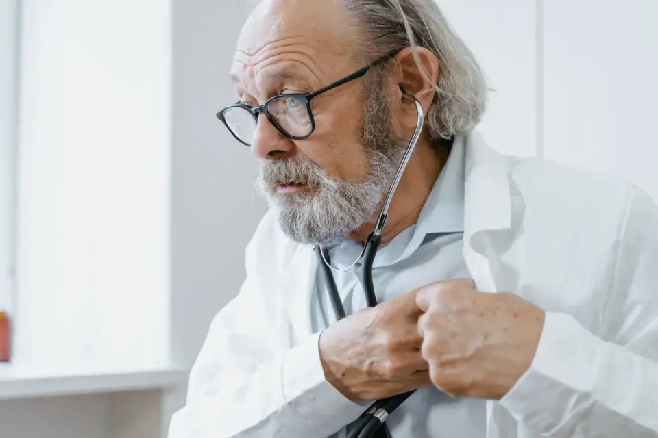 A veterinarian listening to a senior dog&#x27;s heart during a pre-travel exam