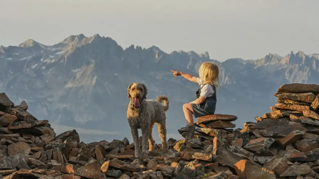 Dog hiking mountain trail