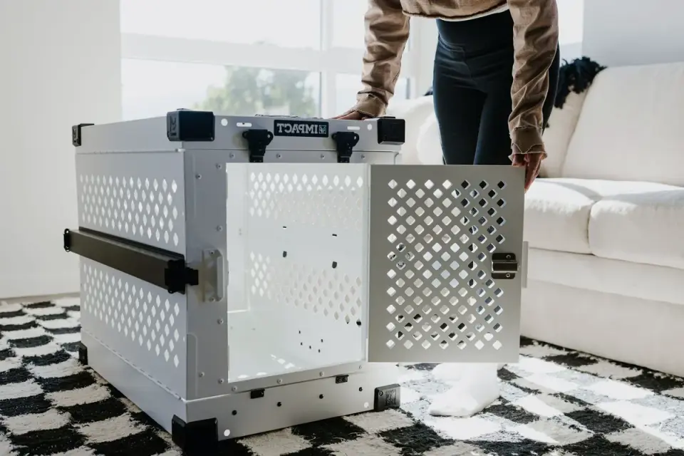 Small dog secured in a travel crate facing forward in the back seat